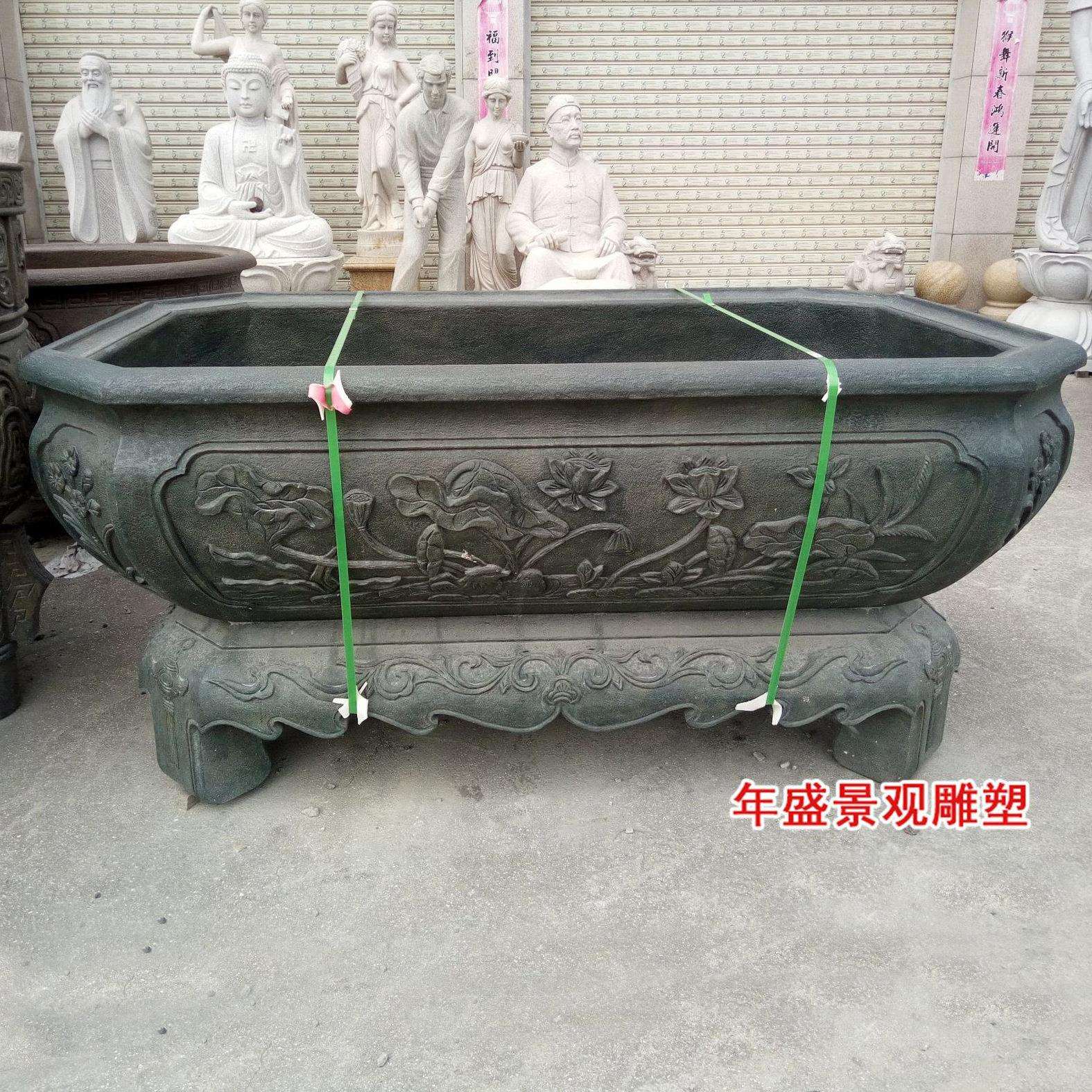 福建石雕仿古鱼缸厂家 荷花浮雕石槽 庭院园林雕刻养鱼池子水缸