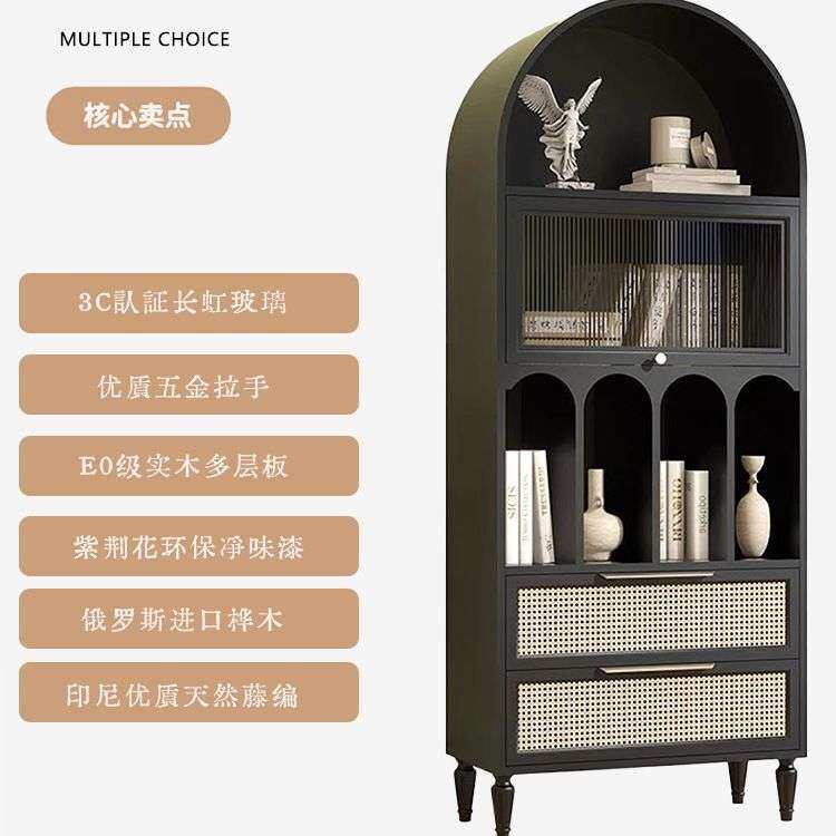 法式复古做旧黑色拱形双门实木书柜美式定玻璃置物收纳柜餐边柜