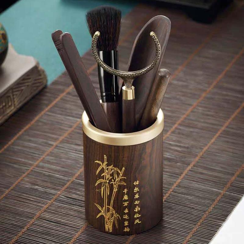 纯铜实木组合茶具套装摆件中式创意复古旅行黑檀茶道六君子套