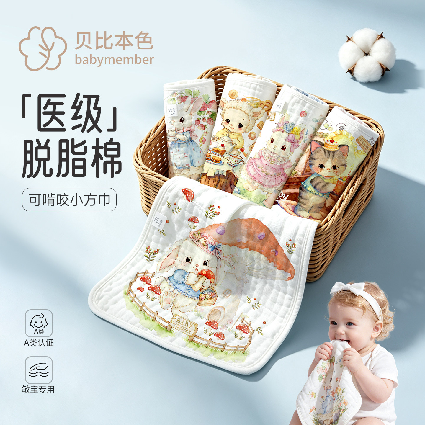 babymember敏宝专用脱脂棉小方巾新生儿纯棉纱布口水巾宝宝洗脸巾