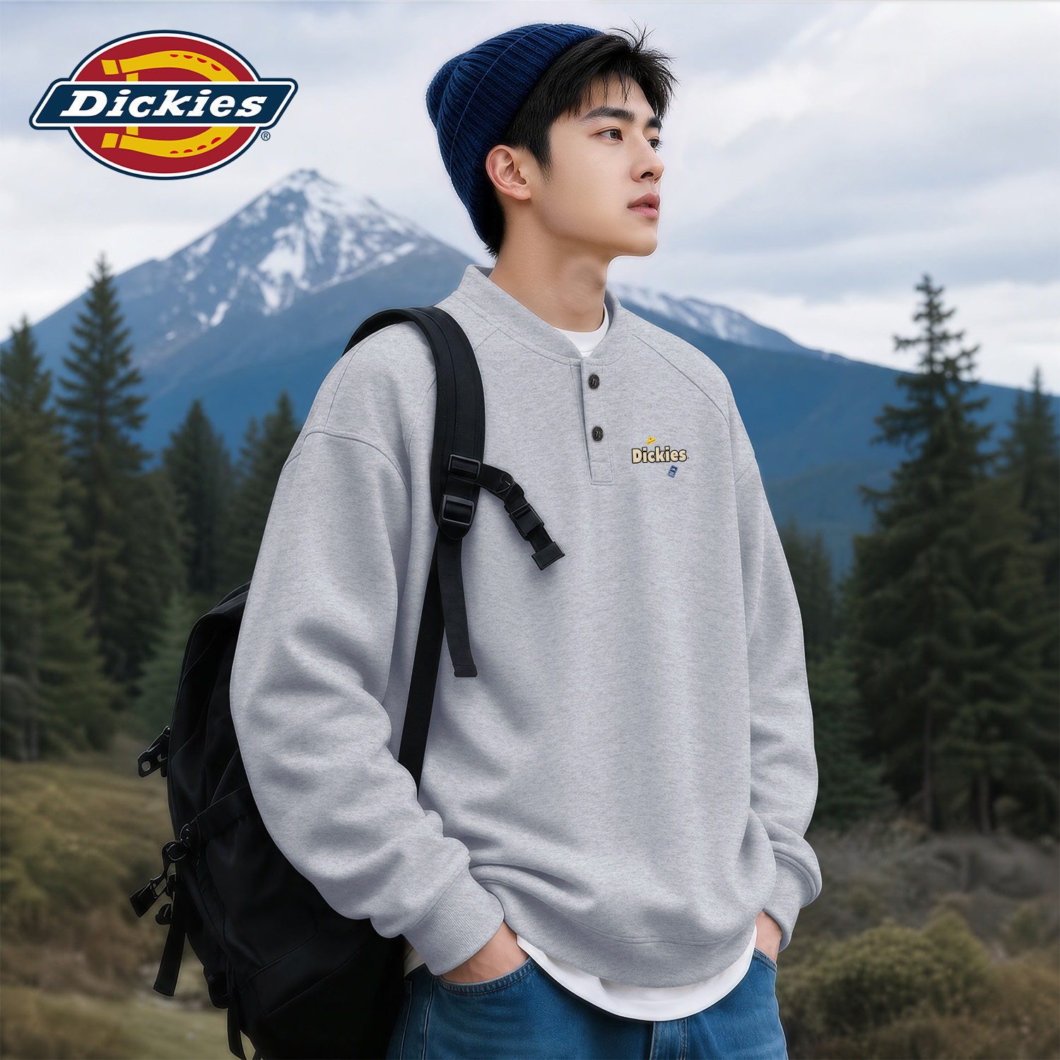 Dickies亨利领卫衣男士2026秋季新款美式解构拼接设计小立领上衣