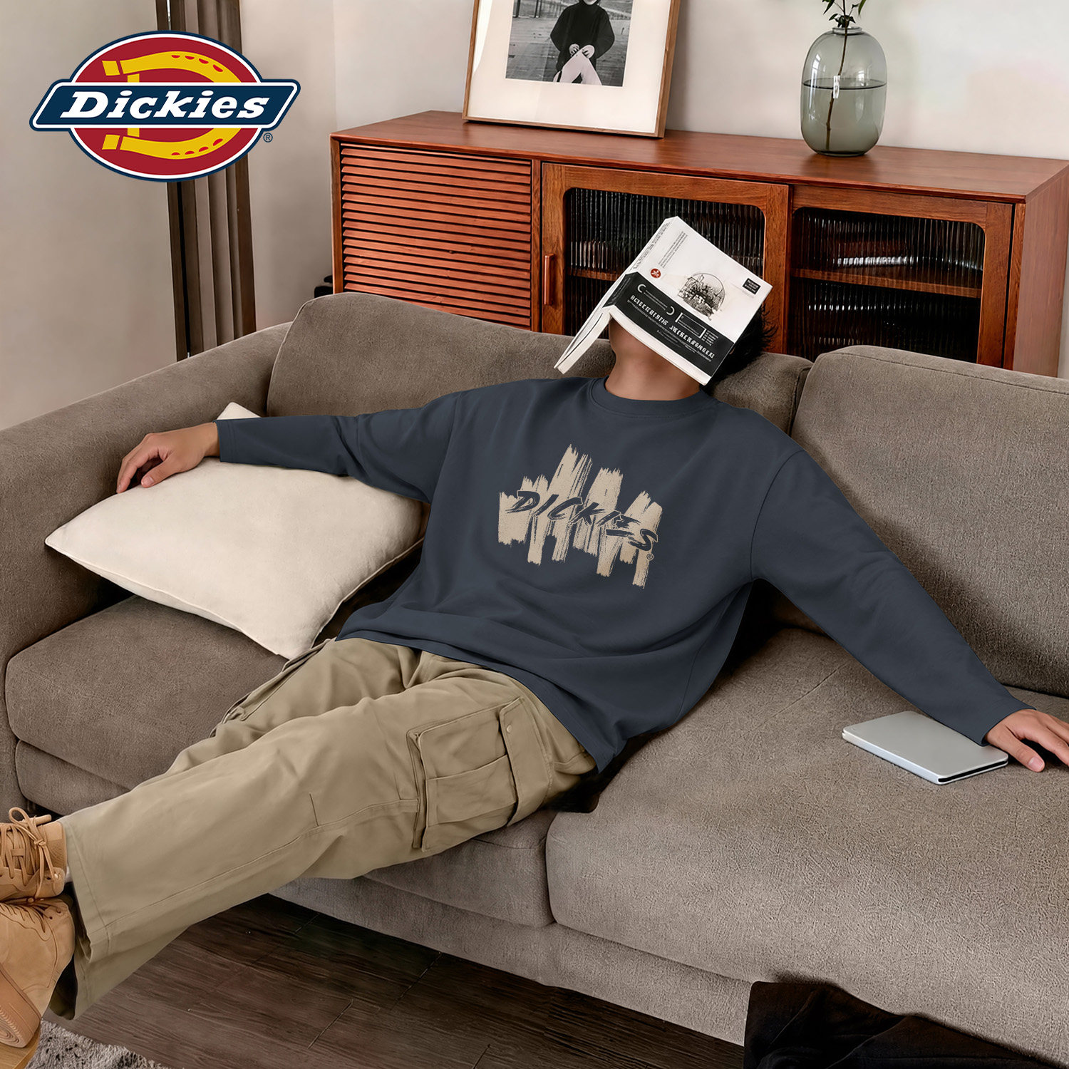 Dickies铁灰色男生圆领纯棉长袖T