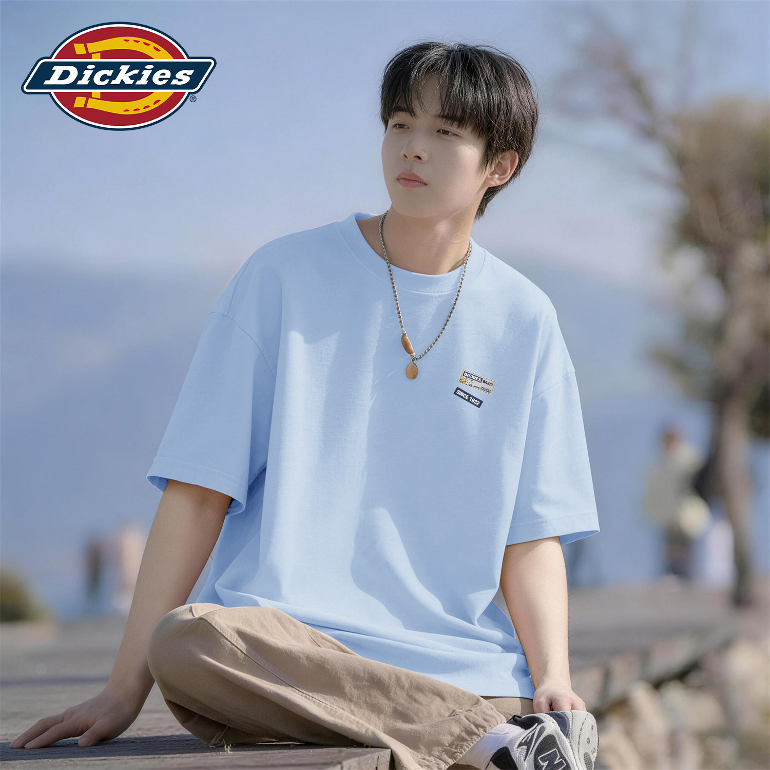 Dickies浅蓝纯棉短袖T恤男女款2026夏季新款宽松简约落肩袖打底衫