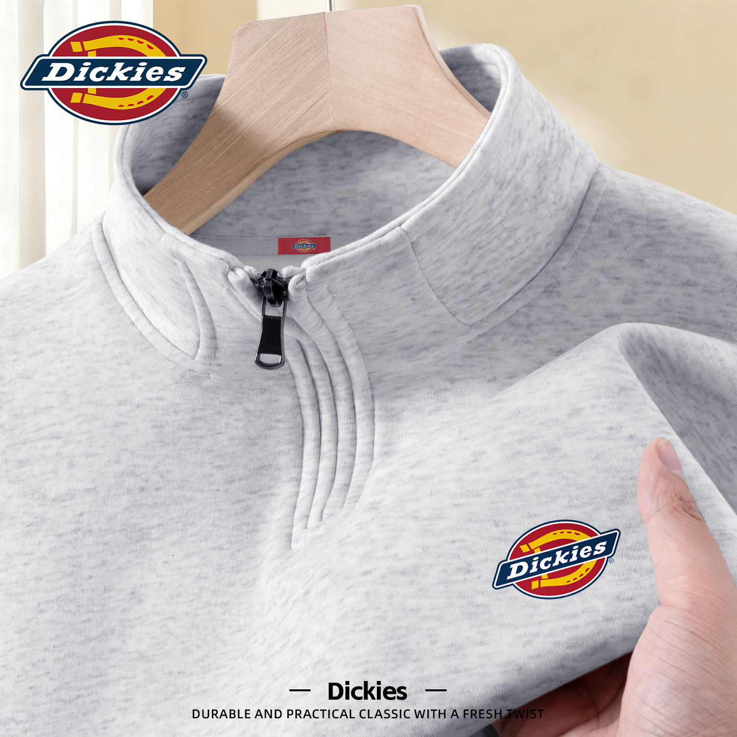 Dickies灰色半拉链卫衣男2026春季美式立领经典LOGO男生长袖外套