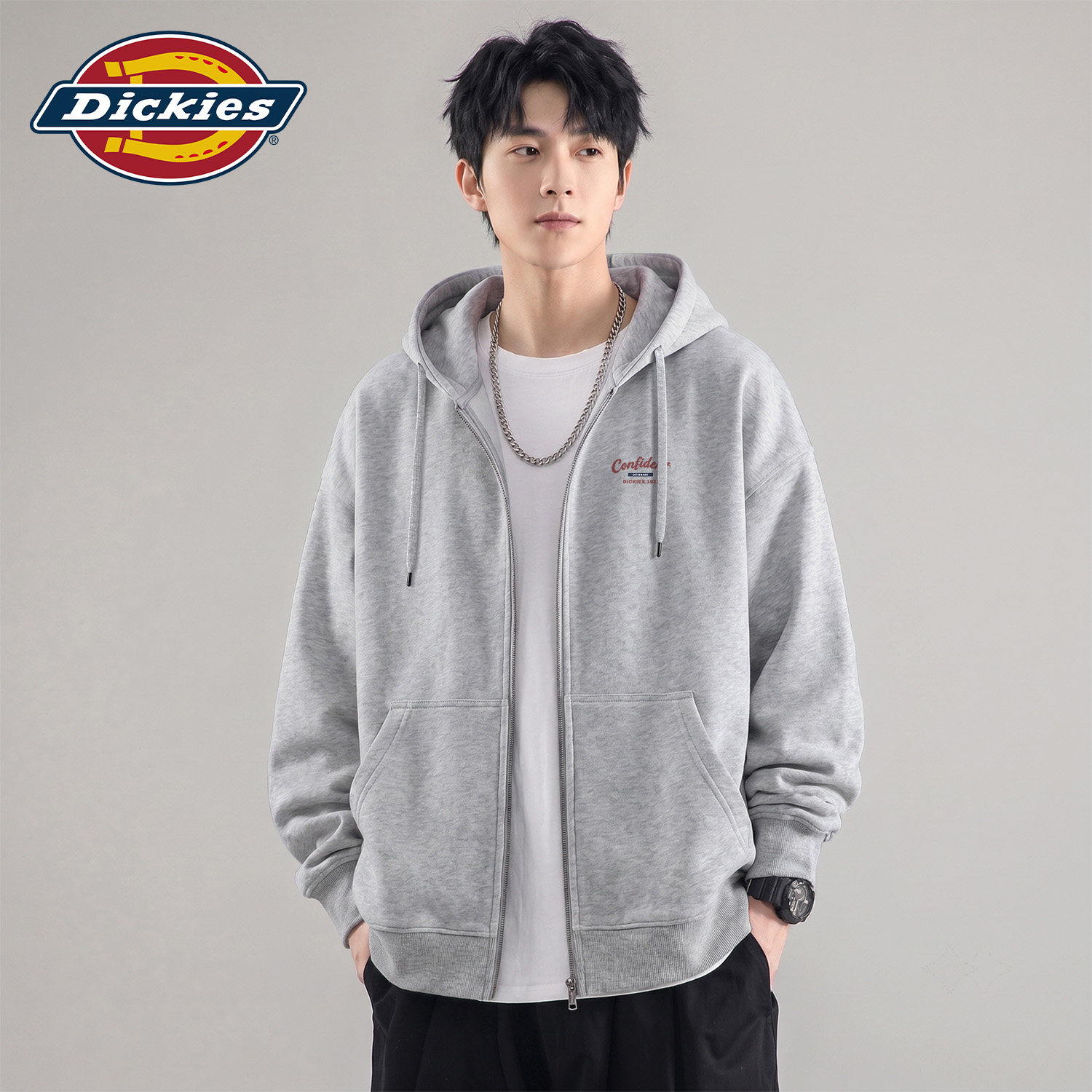 Dickies灰色男士拉链开衫卫衣2026秋季新款宽松情侣百搭连帽衫潮