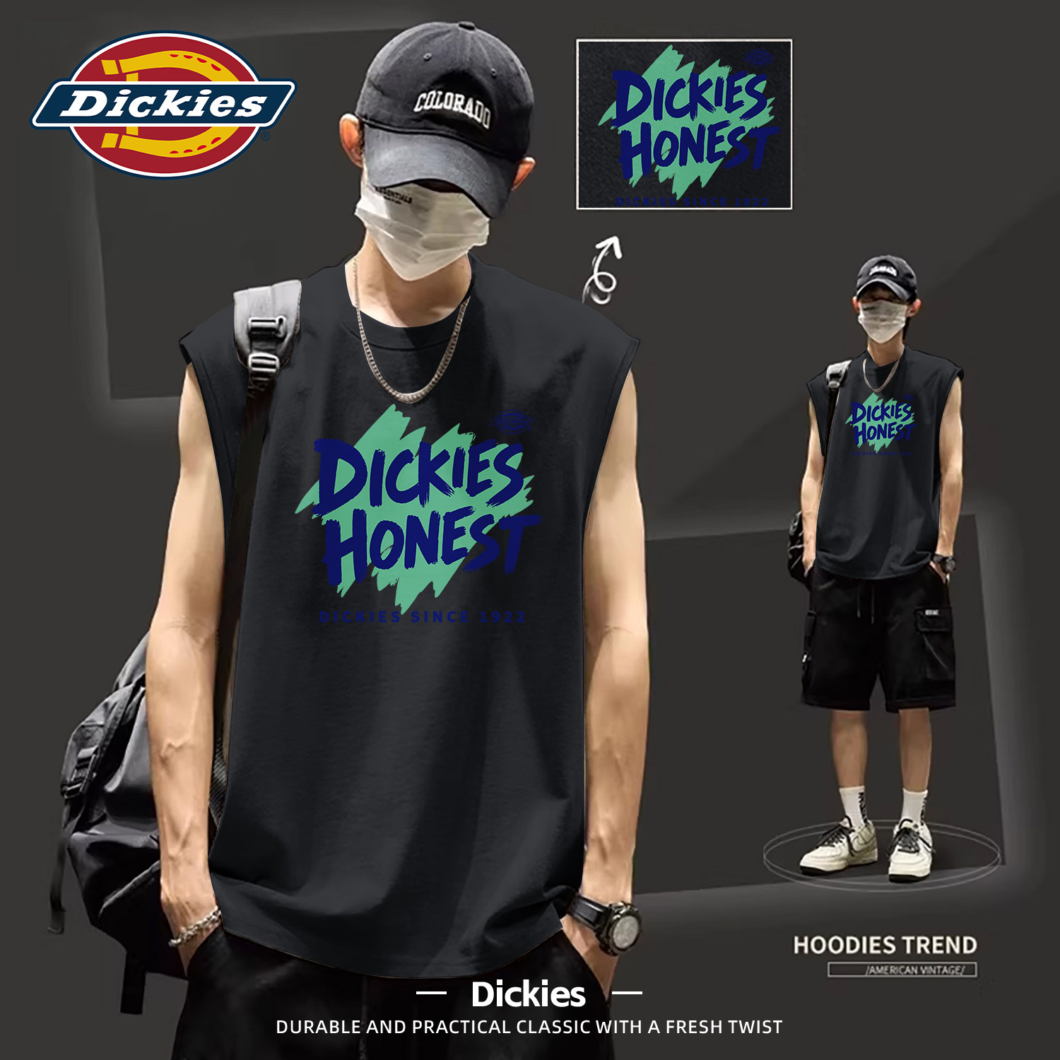 Dickies黑色纯棉无袖背心男款