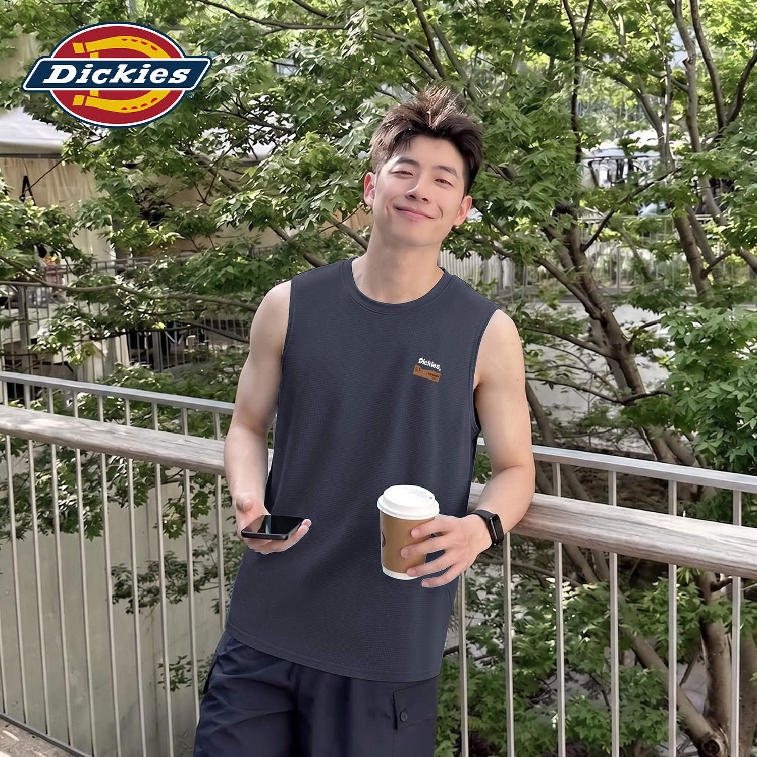 Dickies深灰色冰丝速干男士运动无袖背心2026夏季新款青少年坎肩