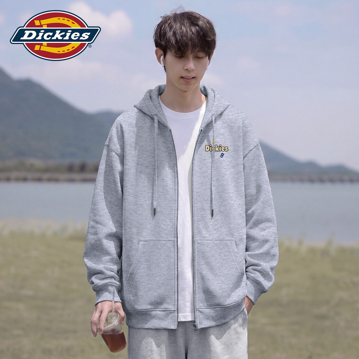 Dickies美式拉链卫衣男女同款2026秋季新款情侣百搭印花连帽外套