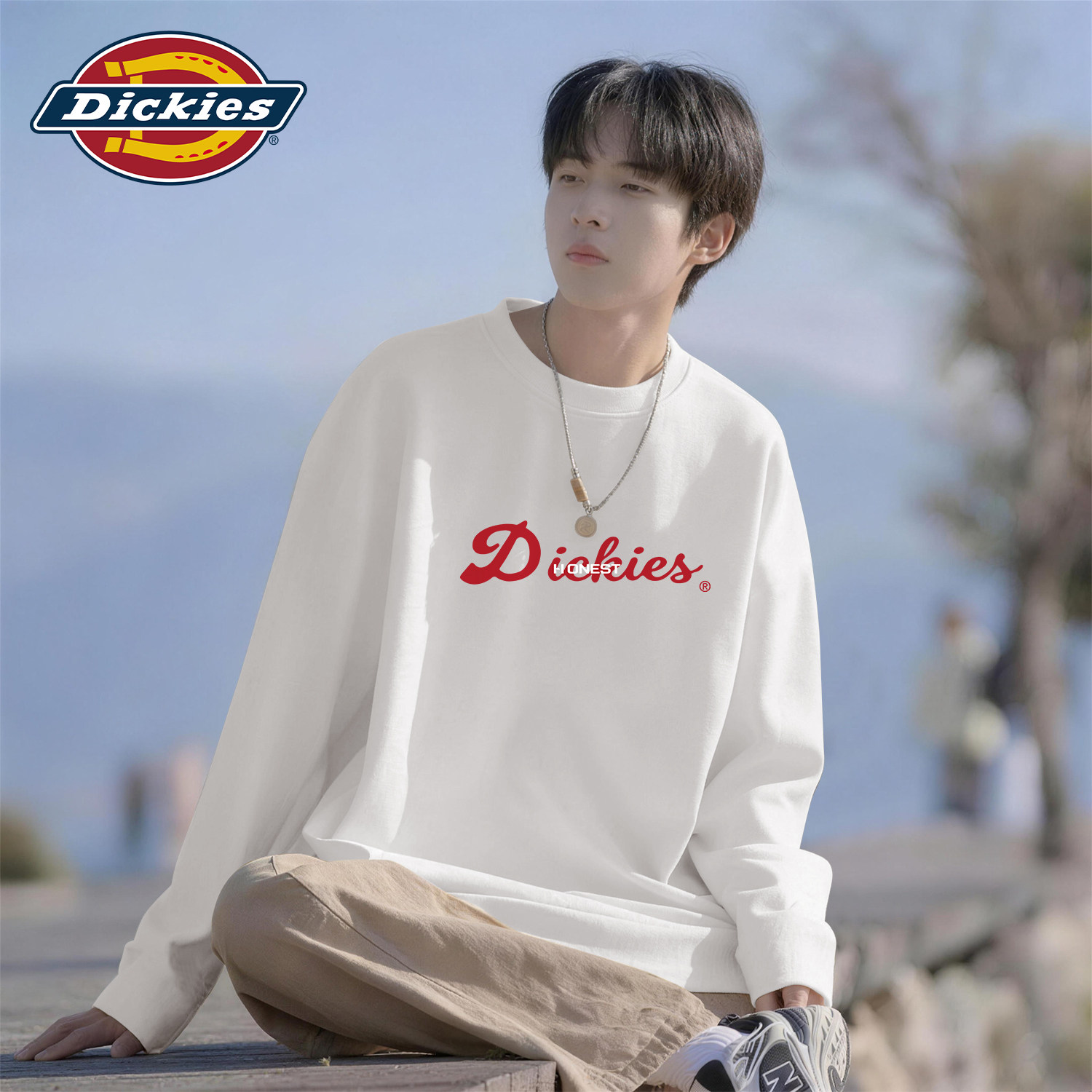 Dickies白色男生纯棉长袖T恤