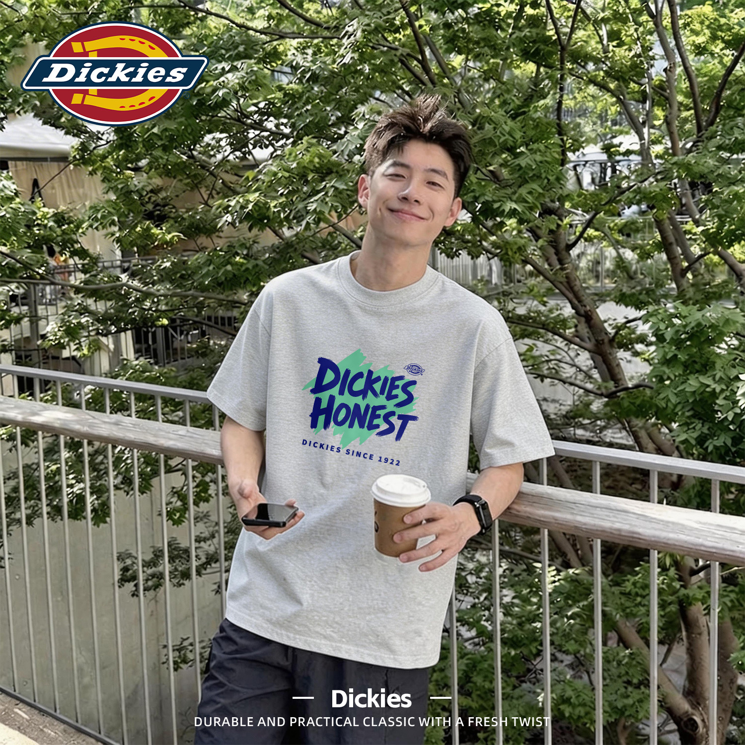 Dickies花灰色青少年纯棉短袖T恤2026夏季新款男女同款情侣半袖潮