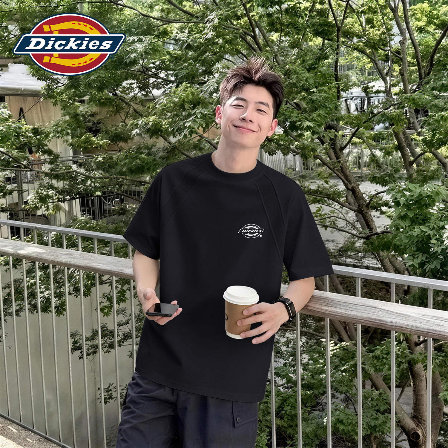 Dickies黑色解构款插肩短袖T恤男