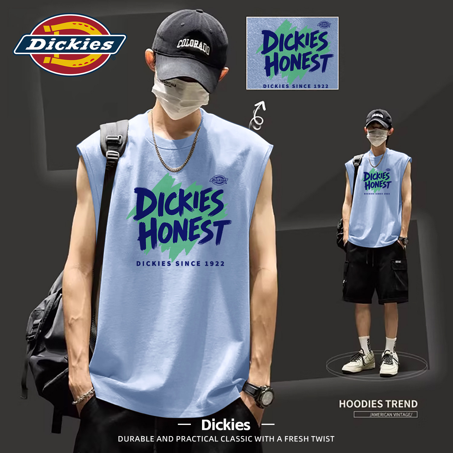 Dickies蓝色纯棉背心男士2026夏