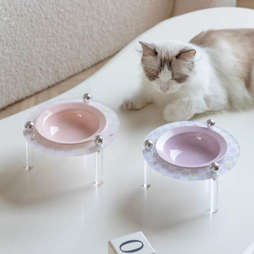 芝小麻飞碟碗亚克力碗架高脚保护颈椎陶瓷宠物碗猫碗狗碗猫咪餐桌