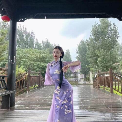 演出旗袍新款国风古典舞蹈专用弹力身韵练功演出服拼接旗袍喇叭袖