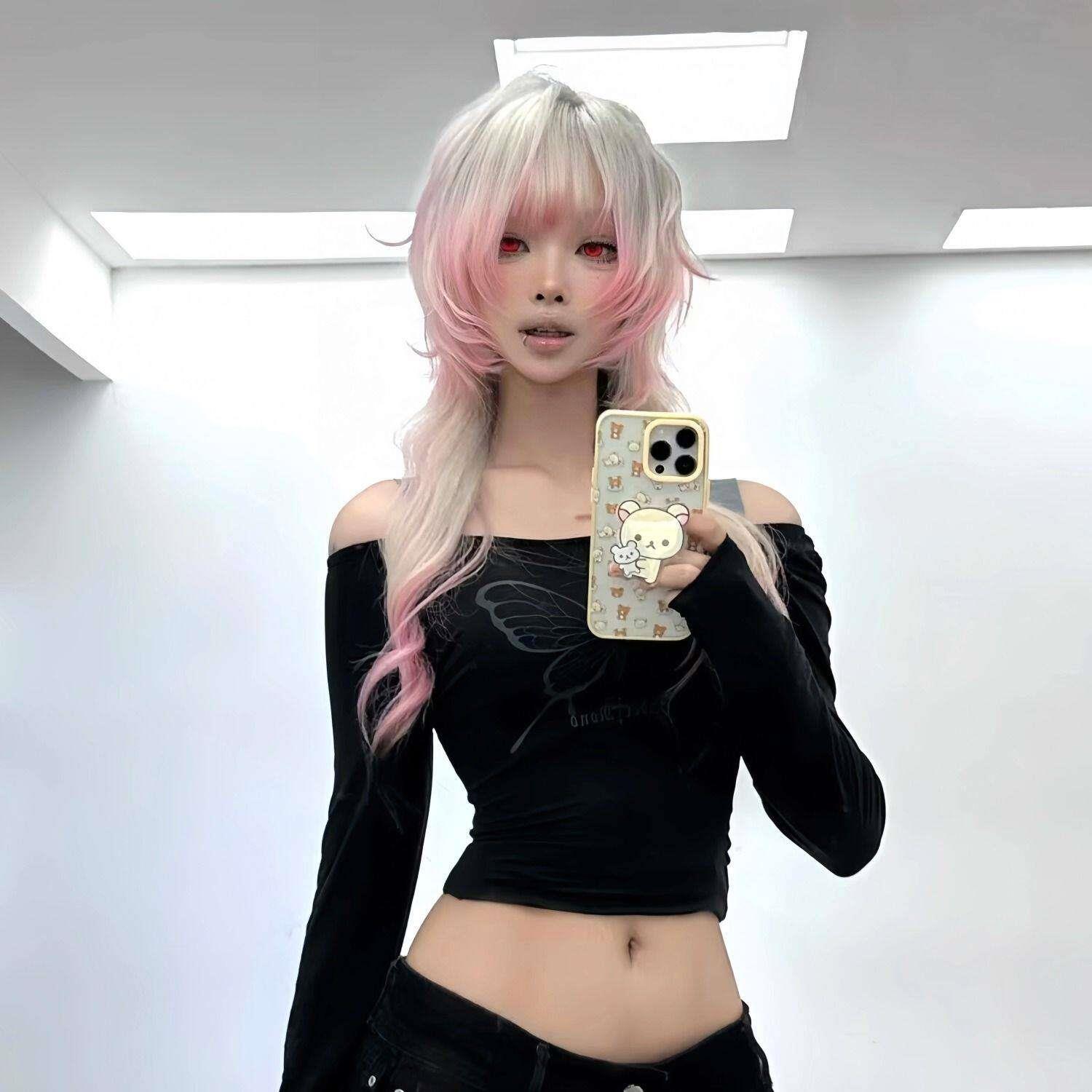 水母头假发女粉白渐变挑染水母头高层次日常仿真发整顶全头套