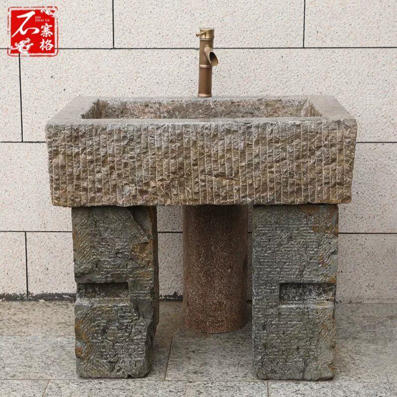 青石立柱式老石槽洗手盆 庭院马槽洗衣石槽 大理石双孔洗脸盆