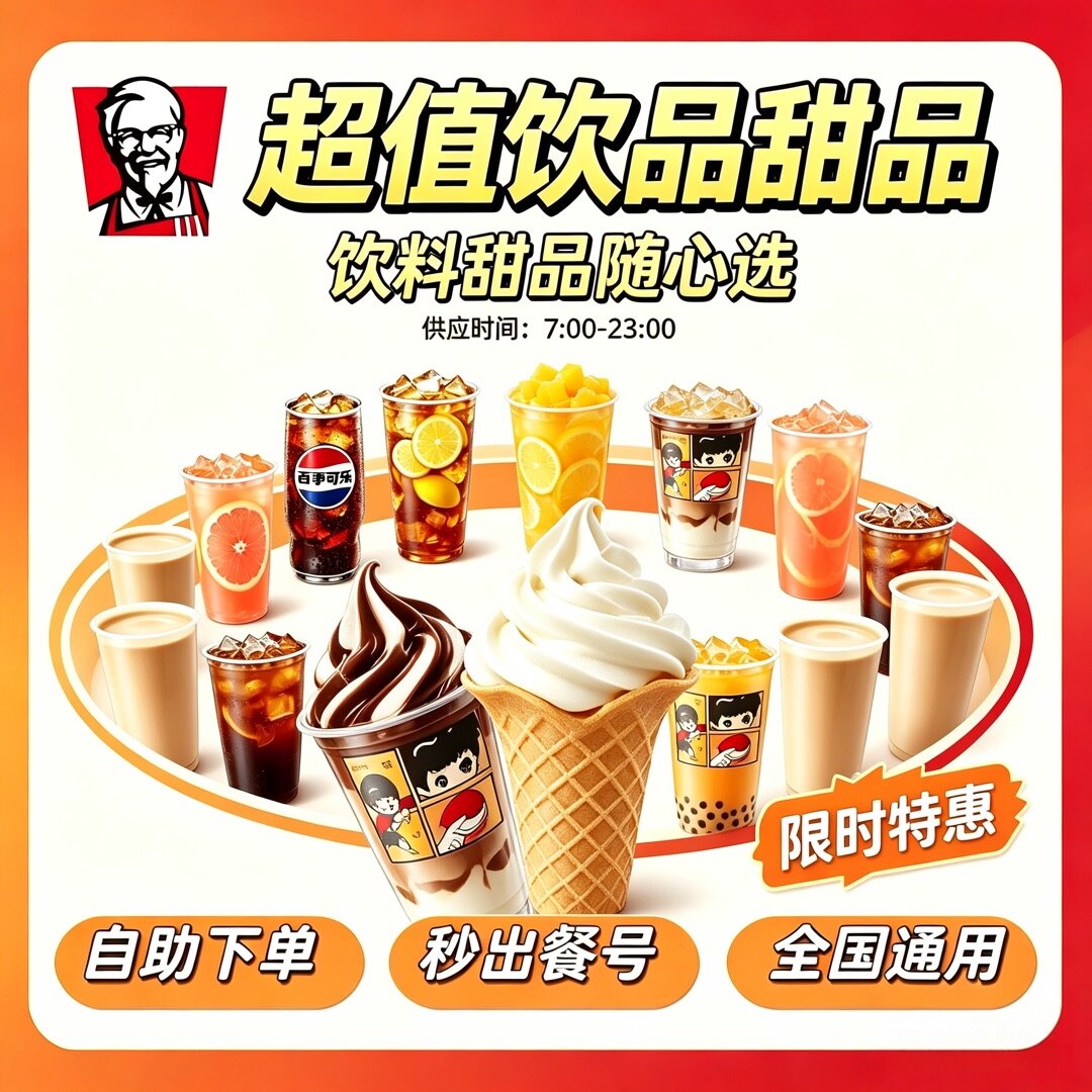 肯德基优惠券可乐九珍果汁杨枝甘露冰淇淋圣代KFC代下单全国通用