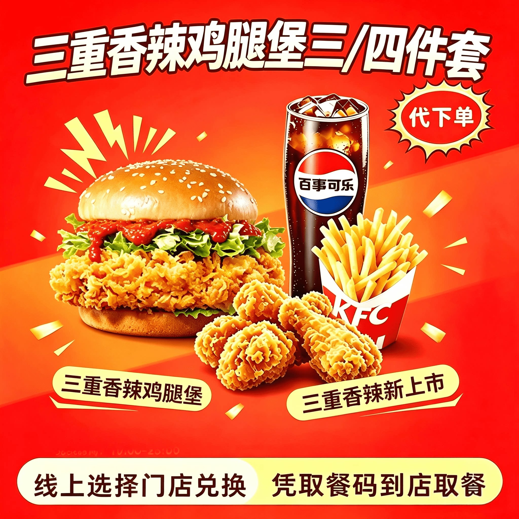 KFC肯德基优惠券三重香辣鸡腿堡汉堡三四件套餐全国通用代下单