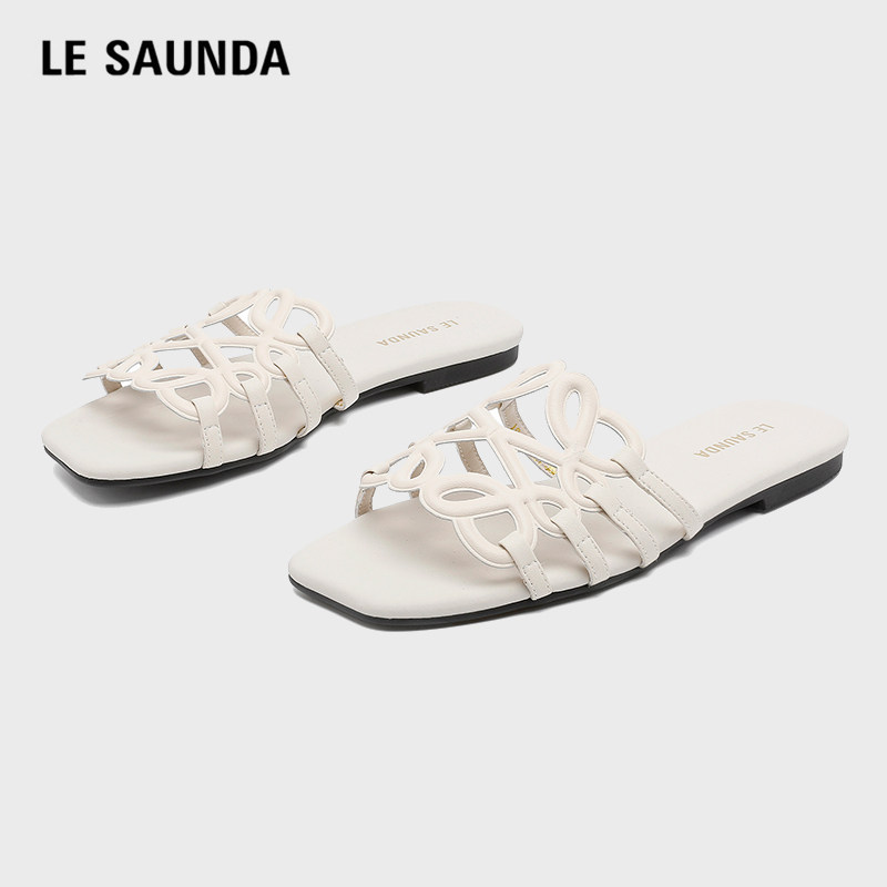 LE SAUNDA/莱尔斯丹编织花朵一字拖女夏季度假沙滩拖鞋配裙子绝美