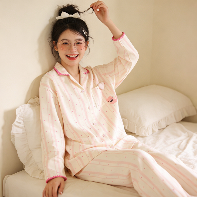 可爱甜美粉色纯棉睡衣长袖女款春秋宽松韩系休闲家居服大码套装