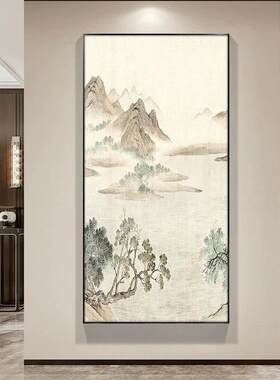 山水画入户玄关装饰画新中式大厅走廊过道挂画竖版茶室壁画国画