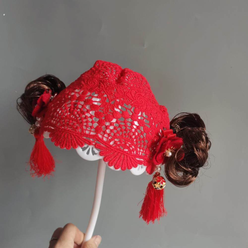 婴儿假发女宝宝发饰发网婴幼儿发带百天周岁唐装流苏拍照大红色