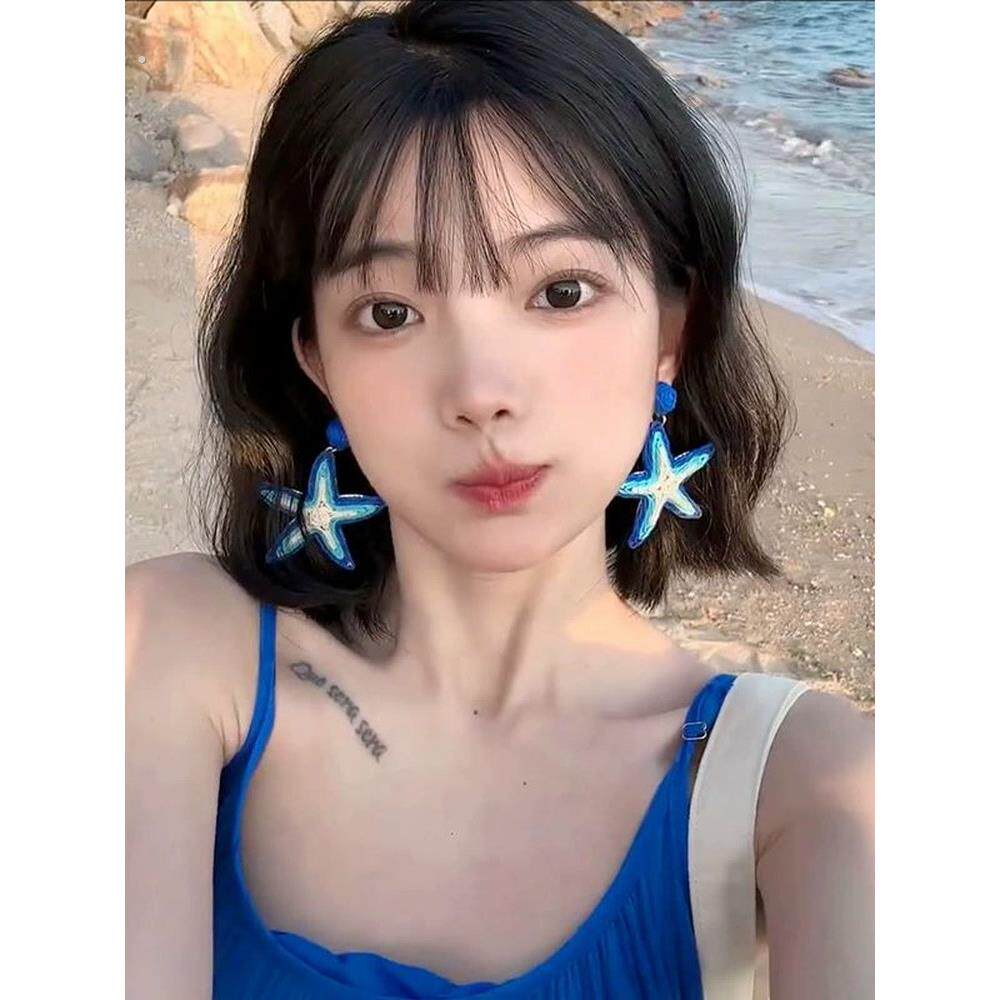 夏威夷度假风蓝色海星耳环女海边个性夸张耳钉旅游拍照吊坠耳饰