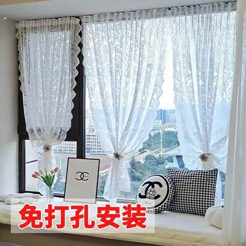法式复古纱帘精致飘窗内开窗魔术贴免打孔蕾丝田园窗帘门帘隔断窗