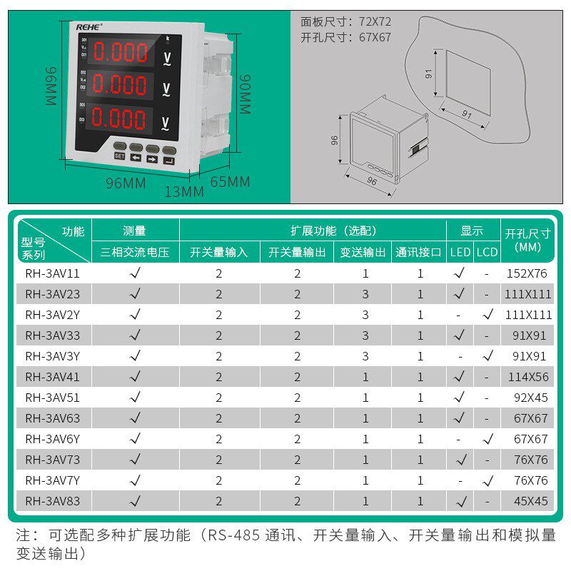 三相交流数显电压表96*96高精度仪器仪表 智能数码管数显电表