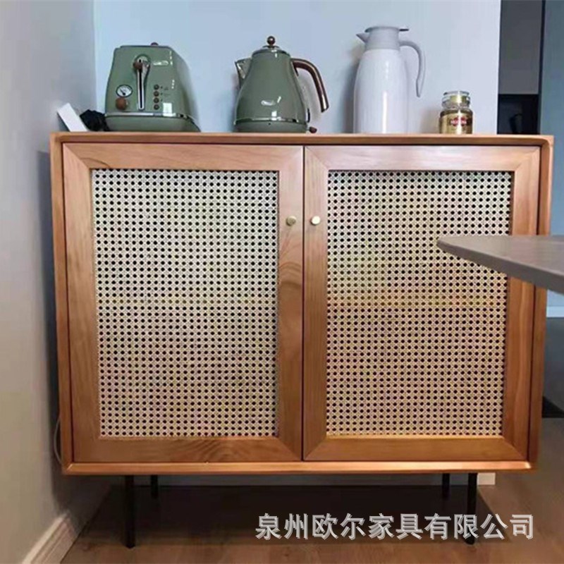 北欧藤编餐边柜现代简约实木卧室收纳储物柜客厅多功能展示茶水柜