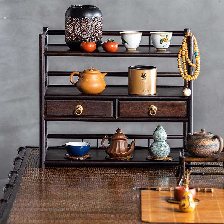 桌面茶架小型博古架带抽屉新中式收纳茶壶茶具架子置物摆件展示架