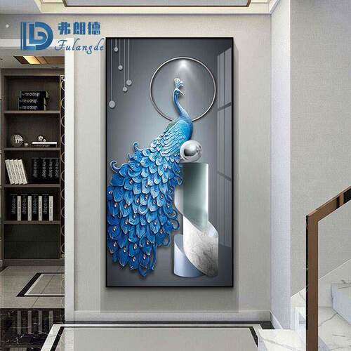 轻奢孔雀玄关装饰画现代晶瓷镶钻入户竖版挂画走廊过道高级感壁画