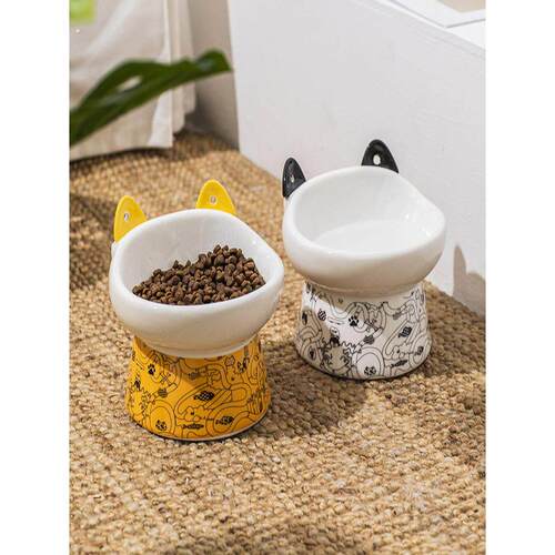猫碗陶瓷防打翻保护颈椎高脚双粮碗狗碗猫咪喝水碗猫食盆宠物用品