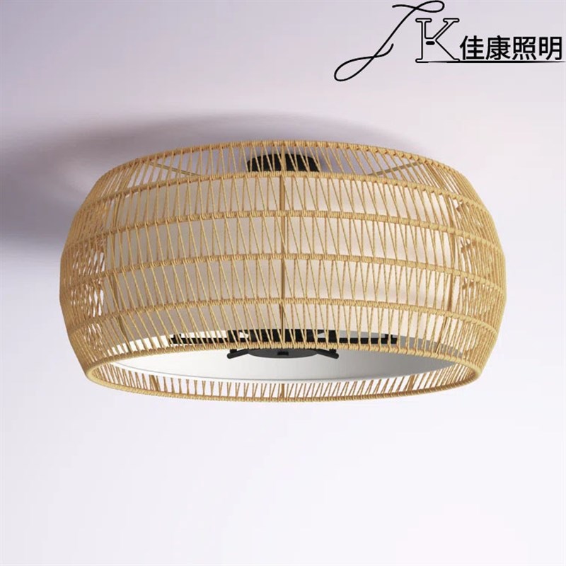 亚马逊ebay美式农舍吸顶灯复古工业风藤编编织布艺圆形美规灯具