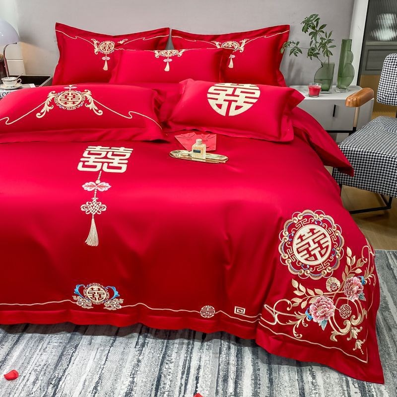 中式婚庆四件套大红色新婚刺绣被套结婚陪嫁喜庆喜被套件床上用品