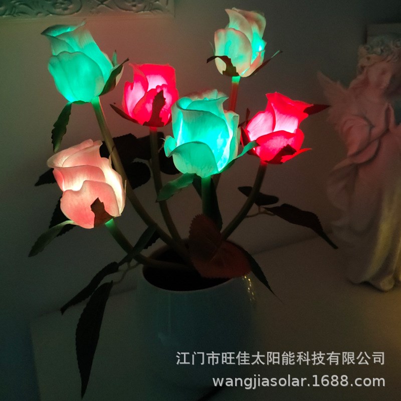 led玫瑰花盆灯仿真6头玫瑰花小夜灯家居摆件景观装饰台灯氛围灯