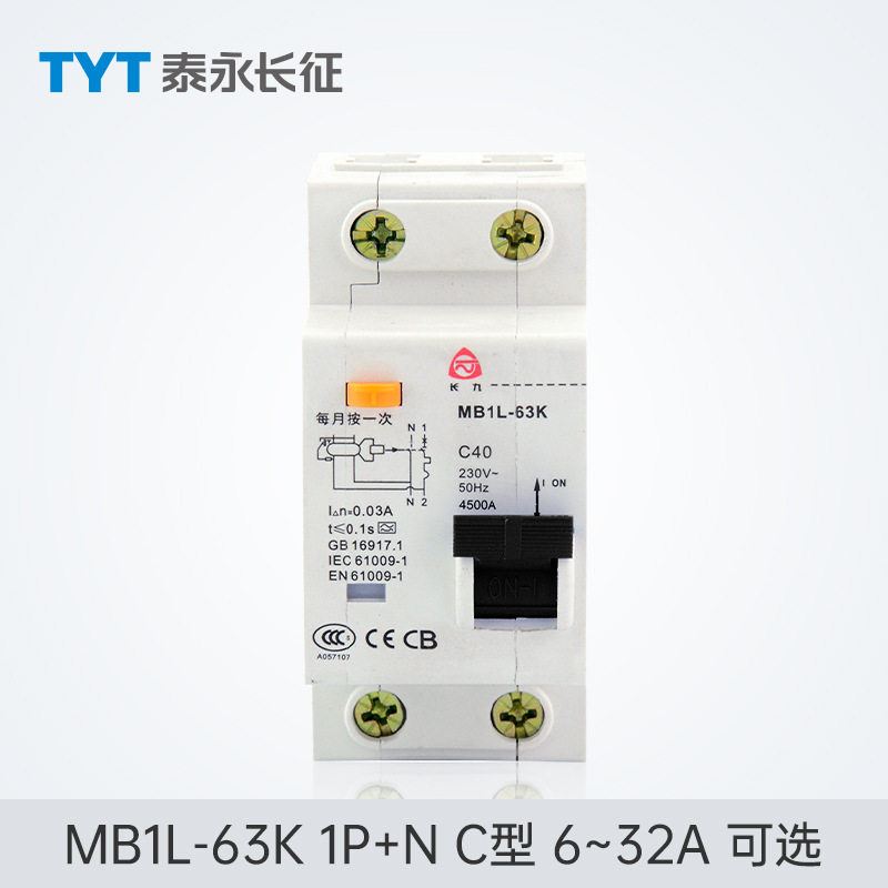 MB1L-63K漏电保护开关AC型32/16TYT泰永长征长九50A10A1P+N断路器