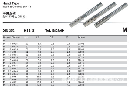 VOLKEL/德国沃克M4*0.7 手用丝锥 公制ISO螺纹27330