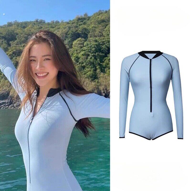 韩国新款小水同款连体泳衣复古防晒速干长袖浮潜服冲浪水母衣温泉