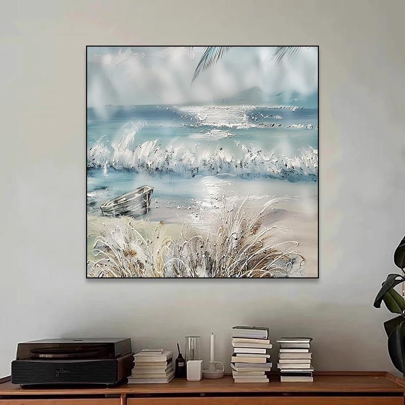 纯手绘抽象油画小船大海沙发背景客厅卧室画玄关餐厅肌理装饰画