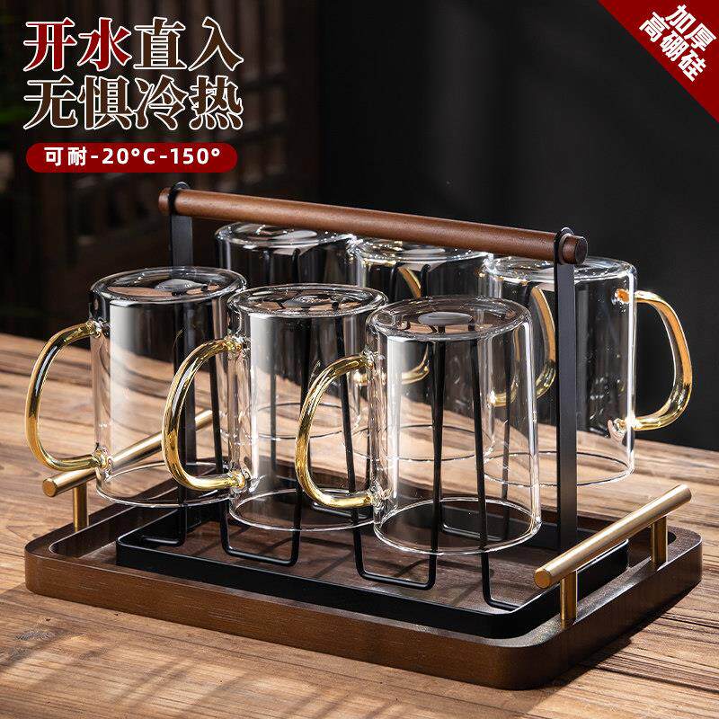 玻璃水杯套装耐高温家用客厅高颜值胡桃木柄泡茶杯家庭喝水杯6只