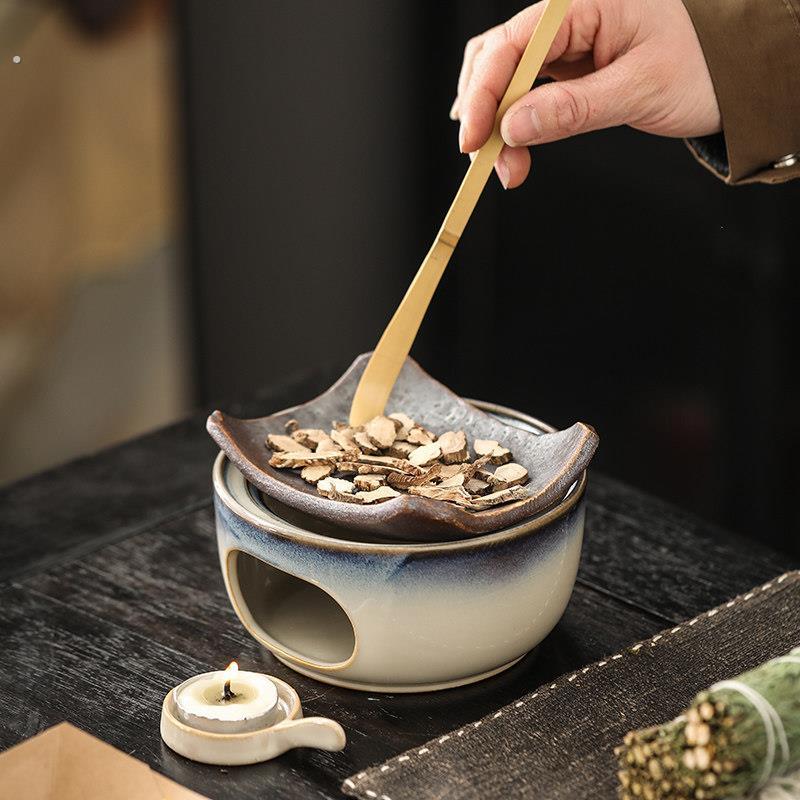 日式手作蜡烛烘烤加热温泡茶炉陶瓷薰香植物雪松香薰炉烤泡茶炉摆