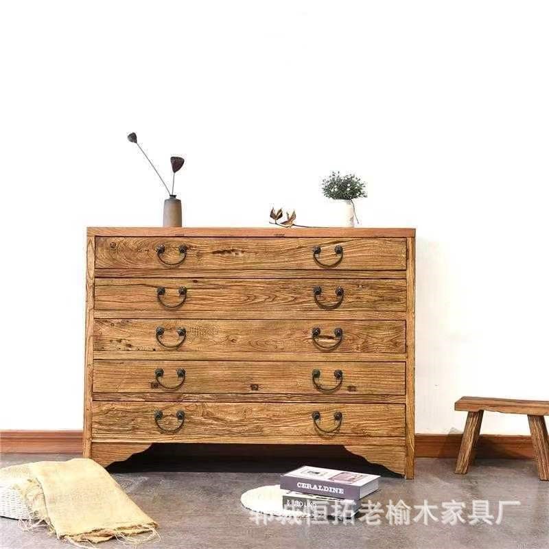 老榆木斗柜家用玄关五斗柜简约风化实木家具复古抽屉式客厅边柜
