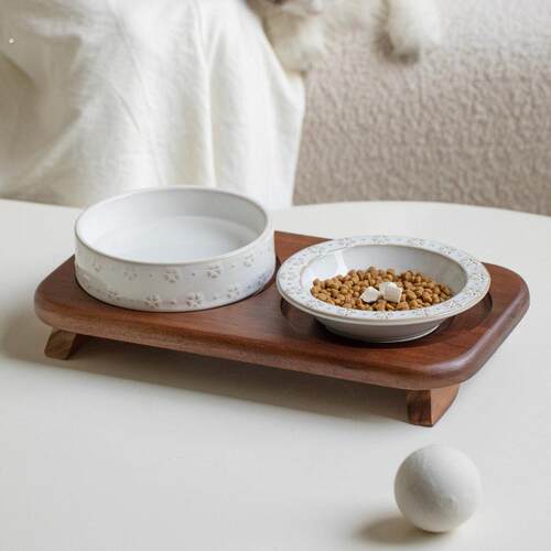 覆古陶瓷猫碗猫咪吃饭喝水防打翻增高架大口径双碗猫狗食盆小型犬