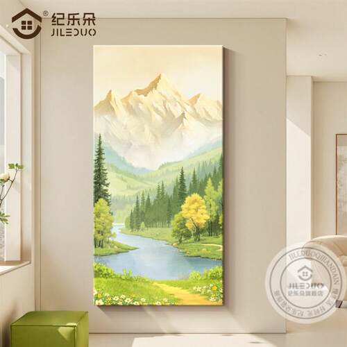 流水生财玄关装饰画简约入户走廊过道西墙挂画新款立体砂岩山水画