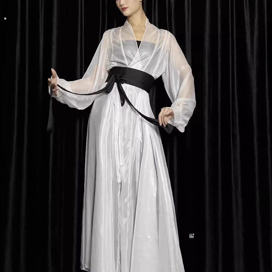 现代舞大摆仙气十足珠光白纱衣男女同款高级感古风扎染古典舞服