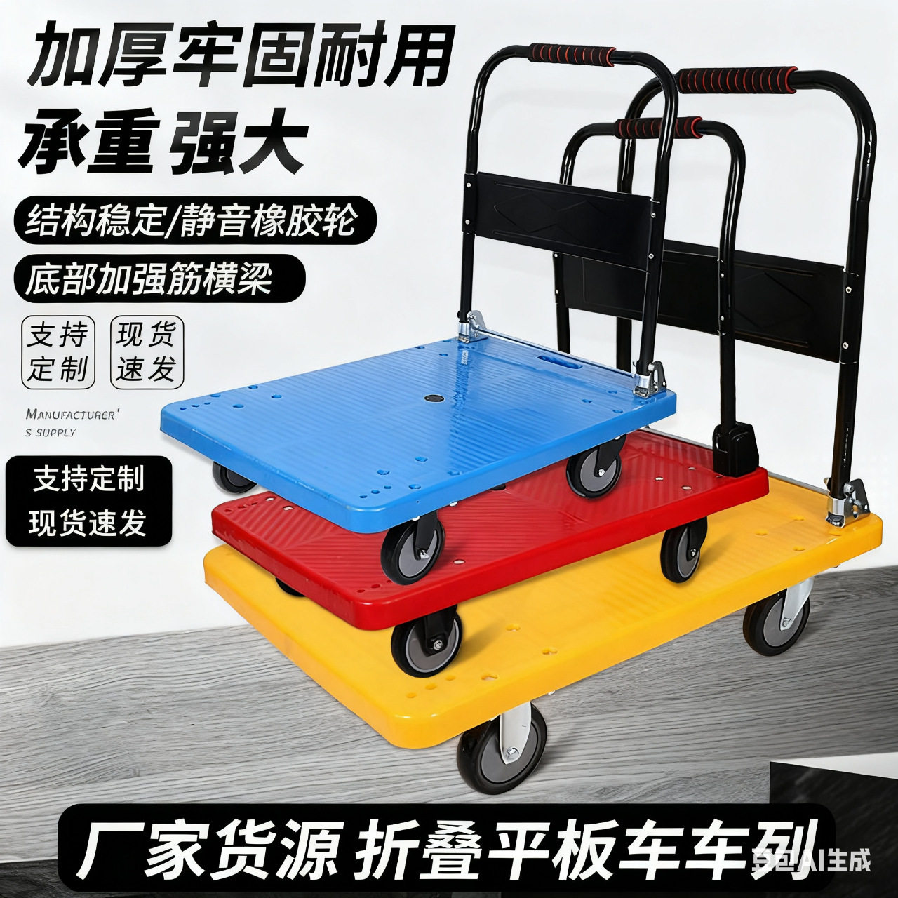 平板手推车拉货静音物流小推车便携搬运拖车塑料平板车工具车四轮