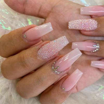 爆款穿戴美甲长梯甲片ins风渐变撒钻法式欧美假指甲贴片nails