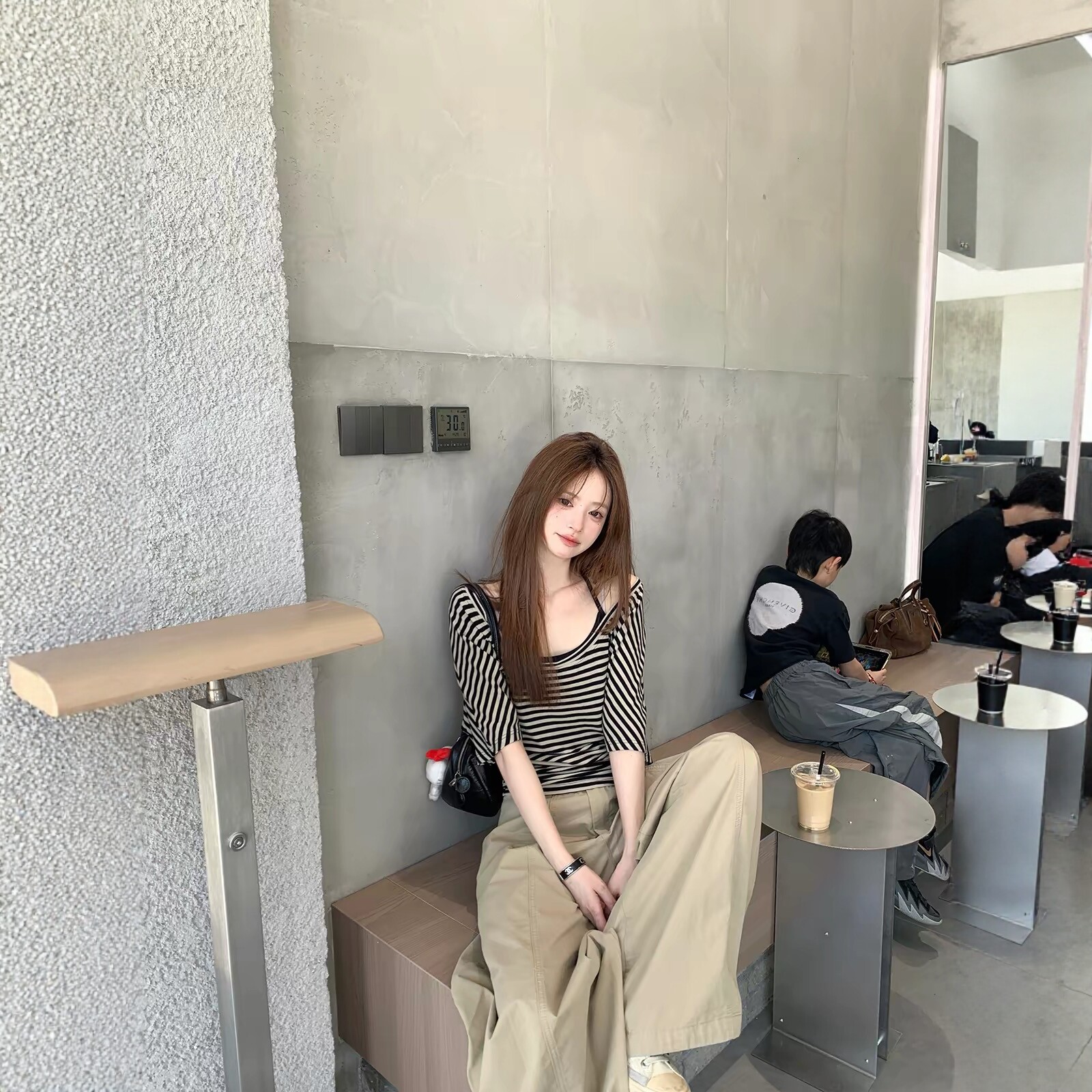 夏季巨好看半分撩意纯欲辣妹套组慵懒条纹短袖T恤&挂脖吊带两件套
