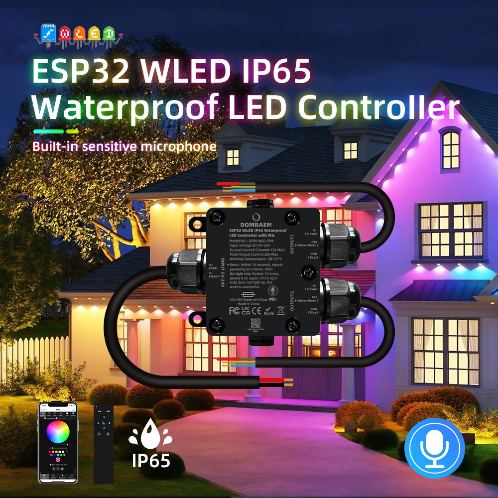 ESP32双路WLED防水控制器带音乐麦克风20A保险丝兼容HA Alexa灯带